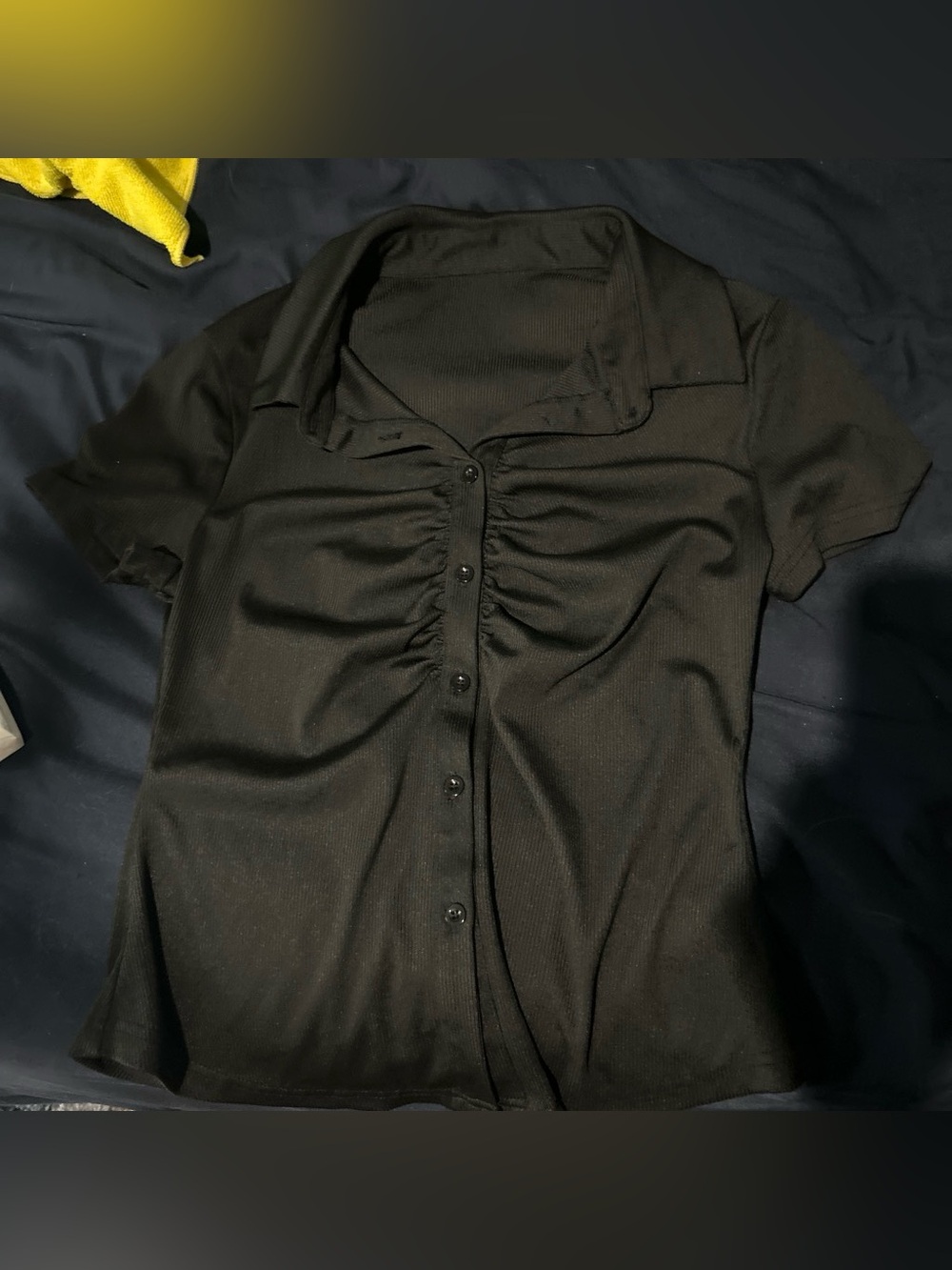 Black Short-Sleeve Button Front Ruched Women's Top